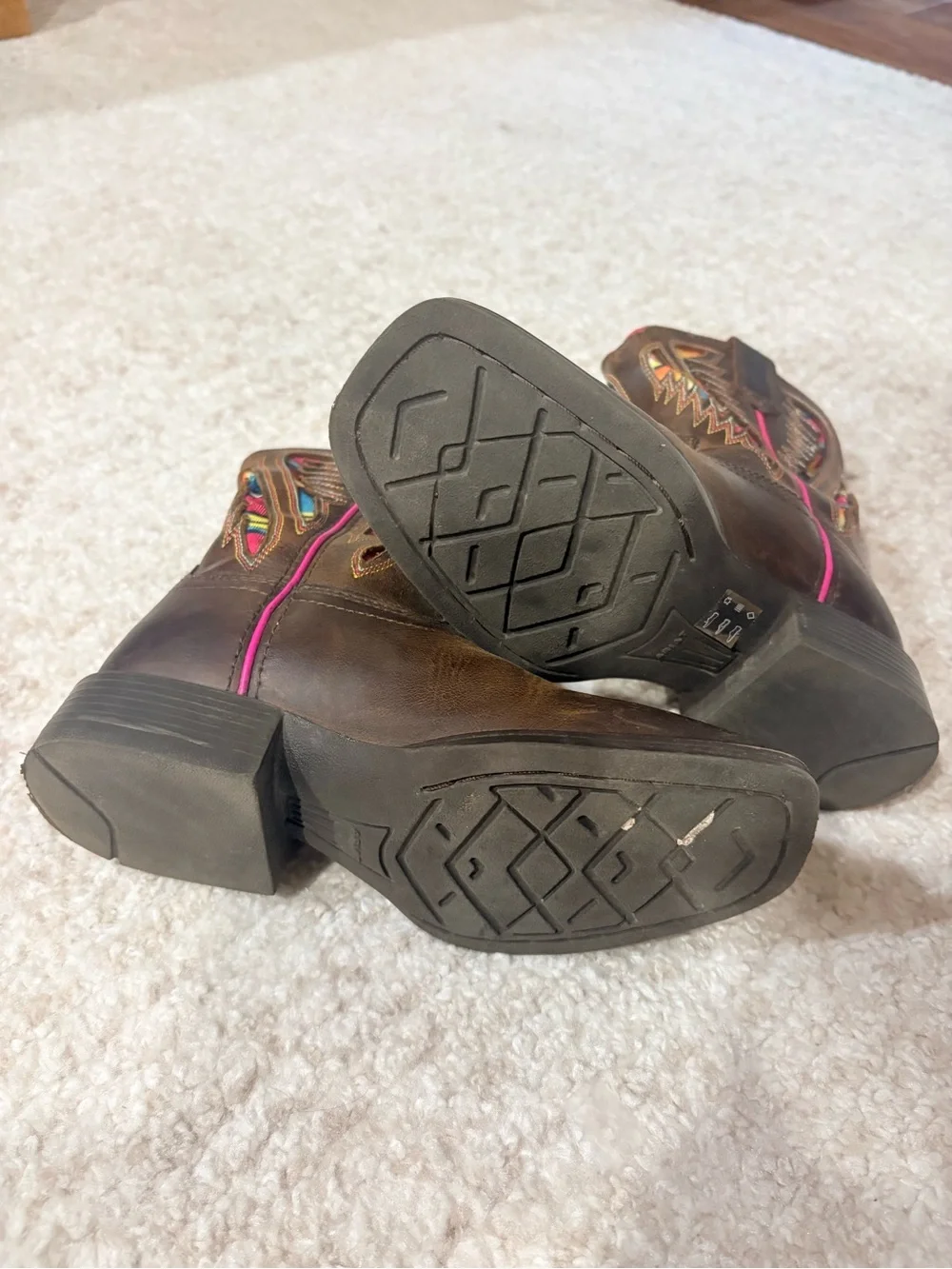 Ariat Girls Brown Leather Cowboy Boots with Pink & Multi-Color Inset Size 11